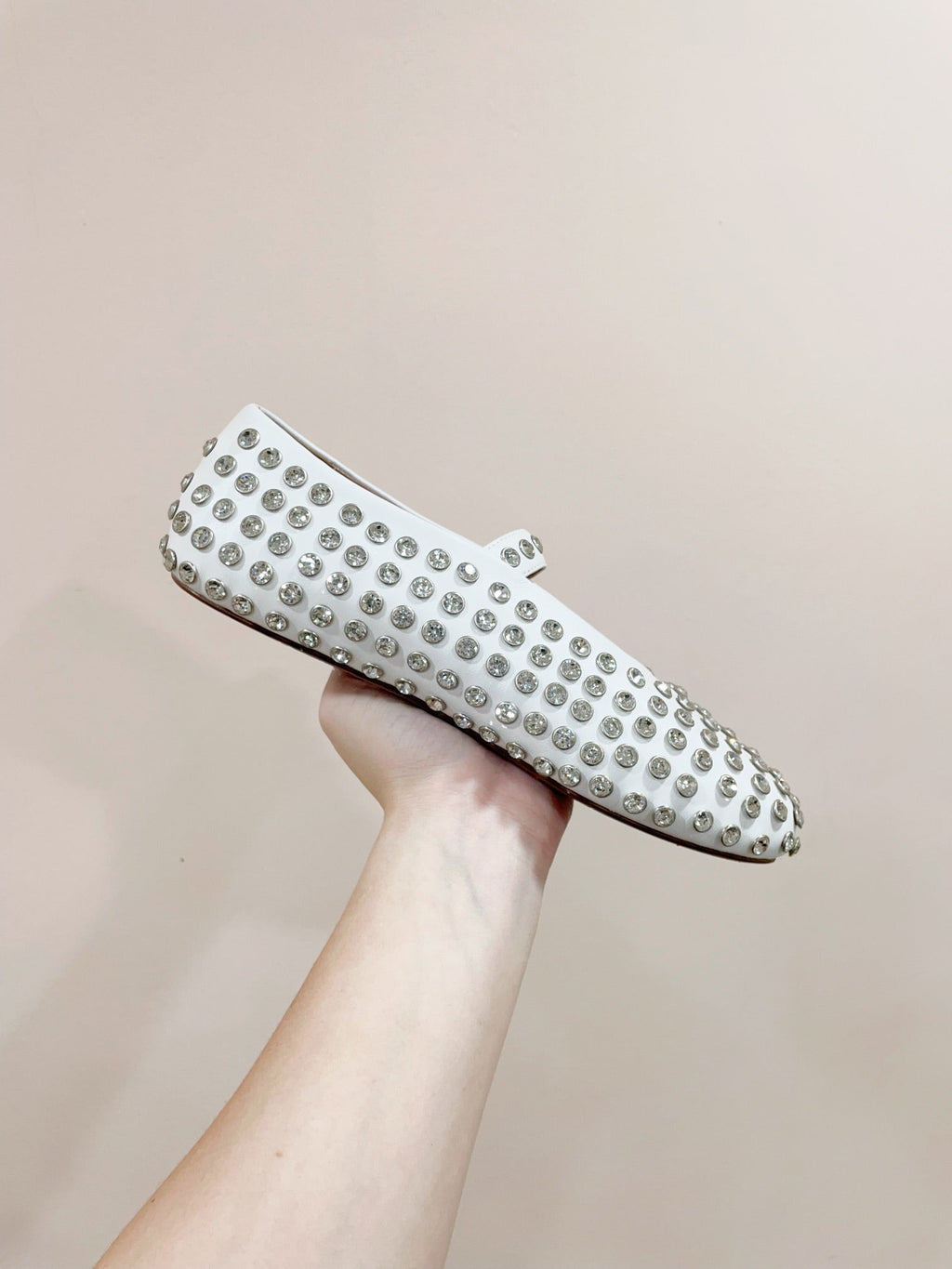 ALAIA MARY JANE SHOES IN WHITE LAMBKIN ATTACH RHINSTONES
