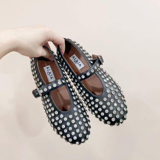 ALAIA MARY JANE SHOES IN BLACK LAMBKIN ATTACH RHINSTONES