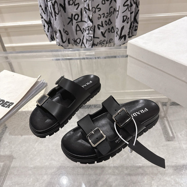 PRADA 26S SLIDES SANDALS IN BLACK CALFSKIN SILVER HARDWARE