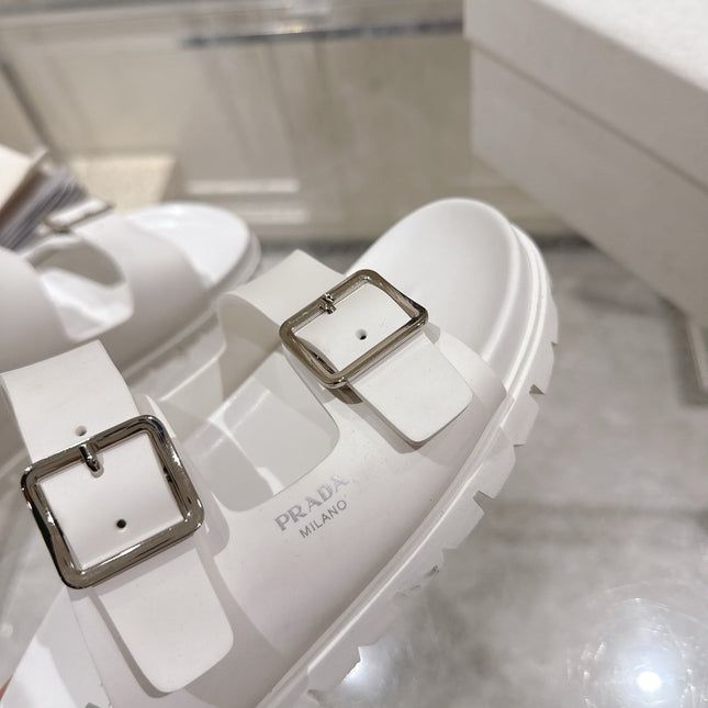 PRADA 26S SLIDES SANDALS IN WHITE CALFSKIN SILVER HARDWARE