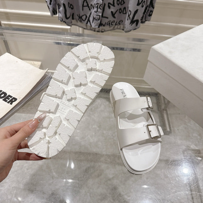 PRADA 26S SLIDES SANDALS IN WHITE CALFSKIN SILVER HARDWARE