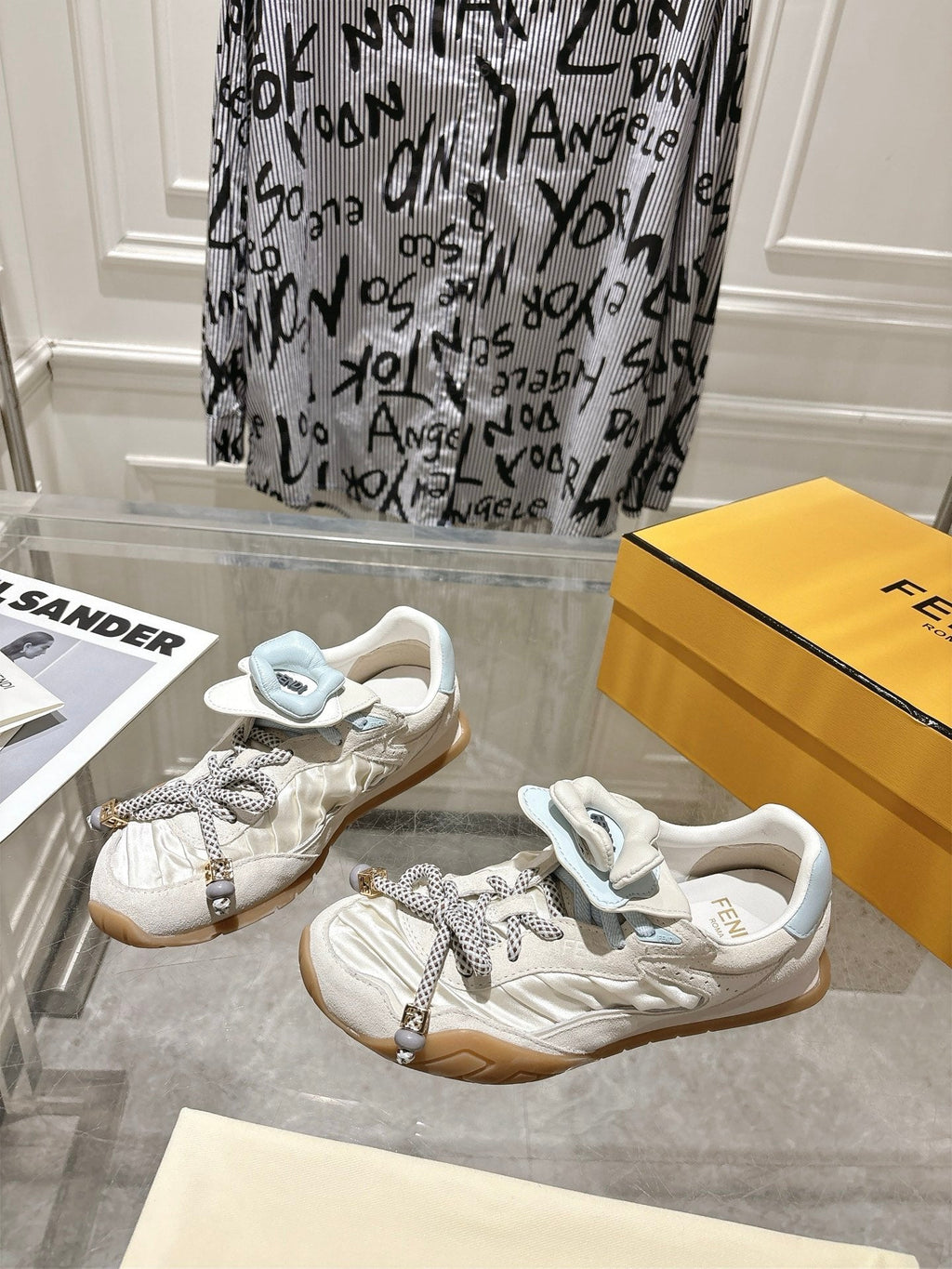 FENDI 26S SNEAKERS IN CREAM WHITE FABRIC AND SUEDE
