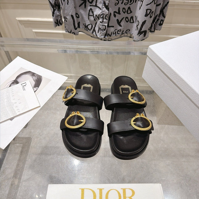 DIOR 26S MEDAILLON BUCKLE SLIDE IN BLACK CALFSKIN