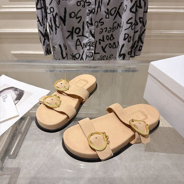 DIOR 26S MEDAILLON BUCKLE SLIDE IN SAND BEIGE SUEDE