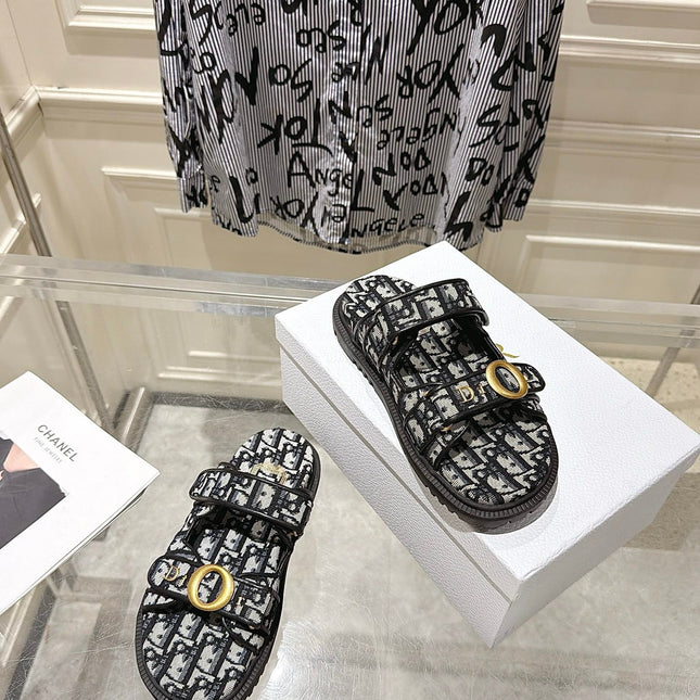 DIOR 26S SANDALS IN BLACK MIX WHITE OBLIQUE CANVAS
