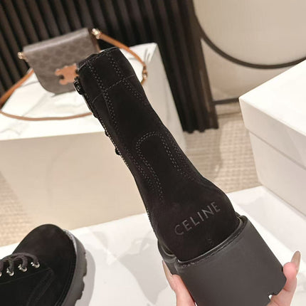 CELINE 25S HIGH HEELED LACE UP BOOTS 50MM IN BLACK SUEDE