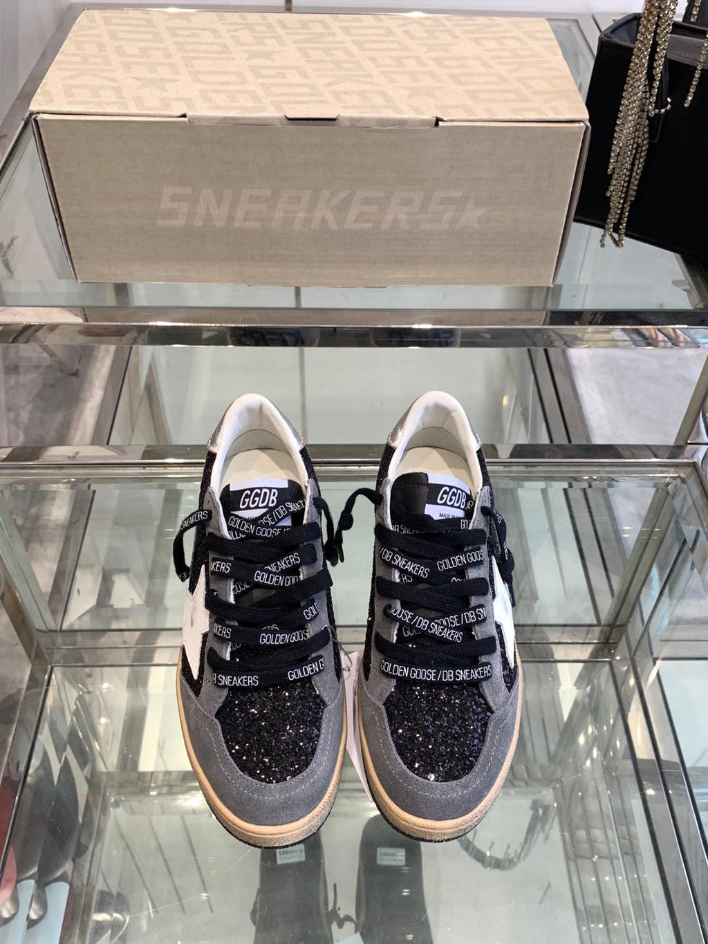 BALL STAR SNEAKERS WITH WHITE STAR IN BLACK GLITTER AND GRAY SUEDE