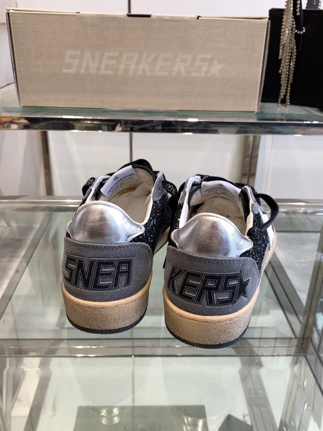 BALL STAR SNEAKERS WITH WHITE STAR IN BLACK GLITTER AND GRAY SUEDE