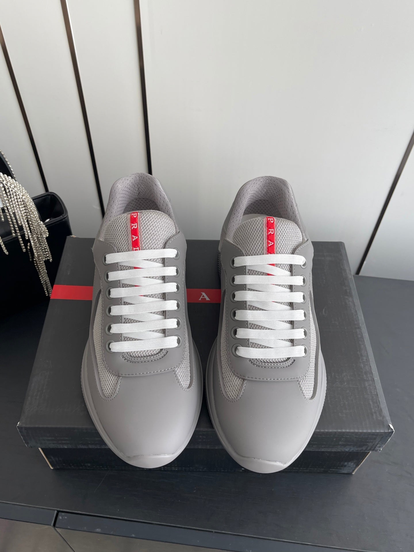 PRADA 26S AMERICA CUP SNEAKERS IN COOL GRAY SOFT RUBBER AND BIKE FABRIC