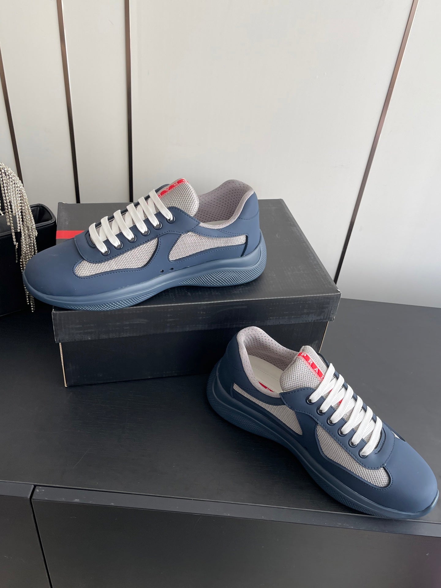 PRADA 26S AMERICA CUP SNEAKERS IN SLATE BLUE SOFT RUBBER AND BIKE FABRIC