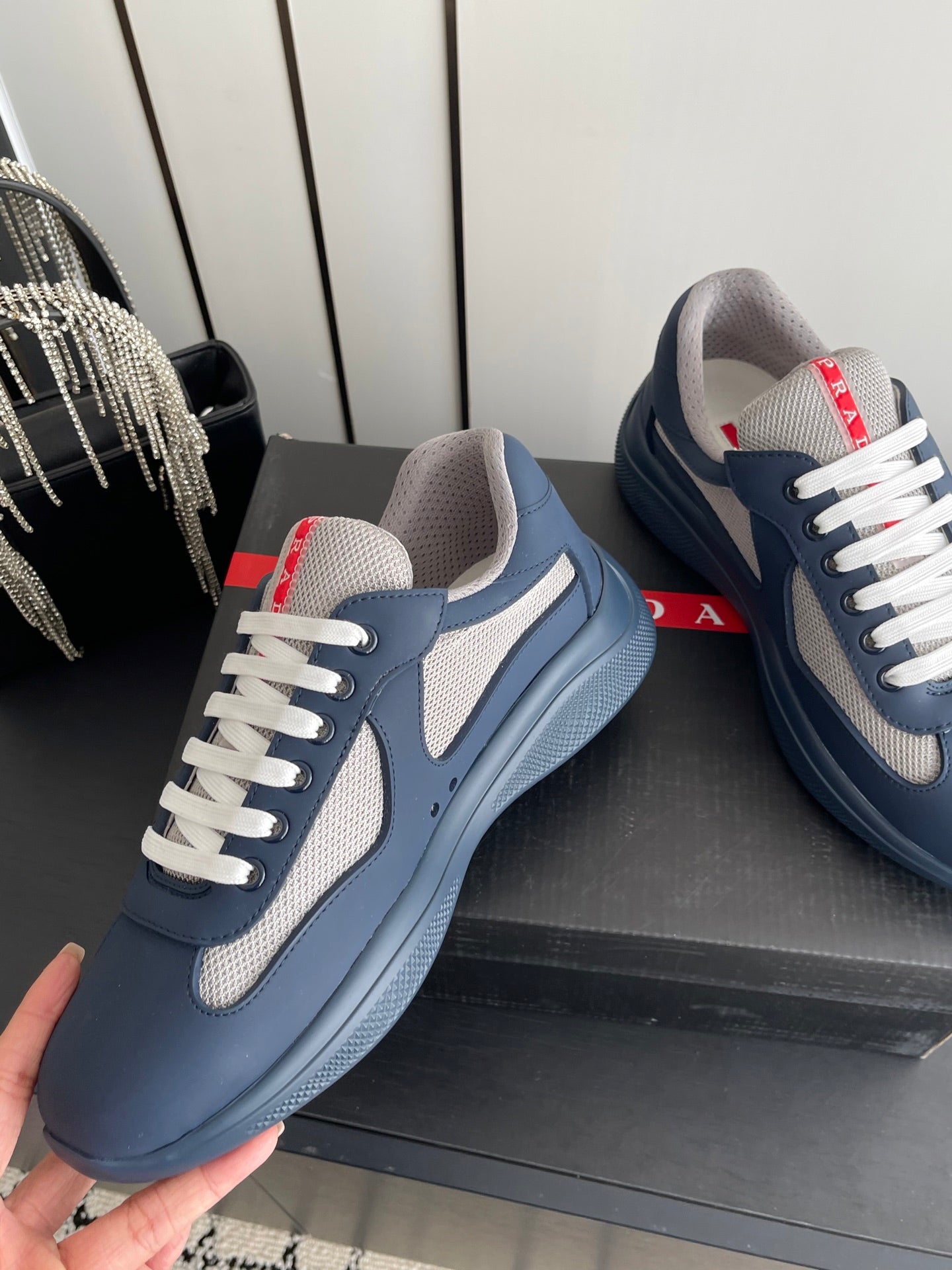 PRADA 26S AMERICA CUP SNEAKERS IN SLATE BLUE SOFT RUBBER AND BIKE FABRIC