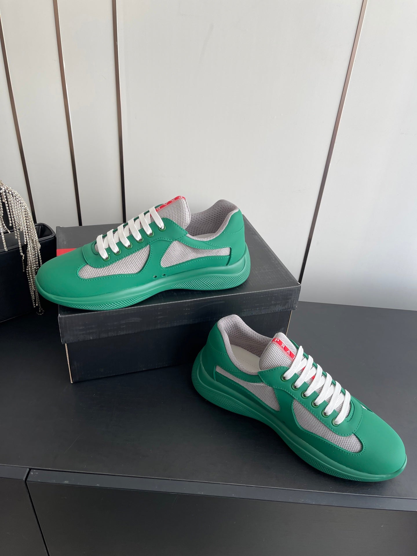 PRADA 26S AMERICA CUP SNEAKERS IN TEAL GREEN SOFT RUBBER AND BIKE FABRIC