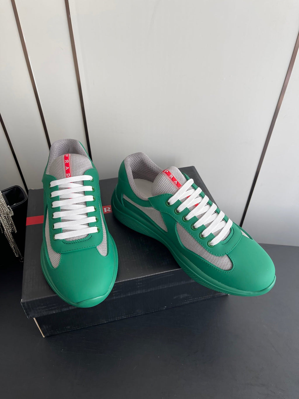 PRADA 26S AMERICA CUP SNEAKERS IN TEAL GREEN SOFT RUBBER AND BIKE FABRIC