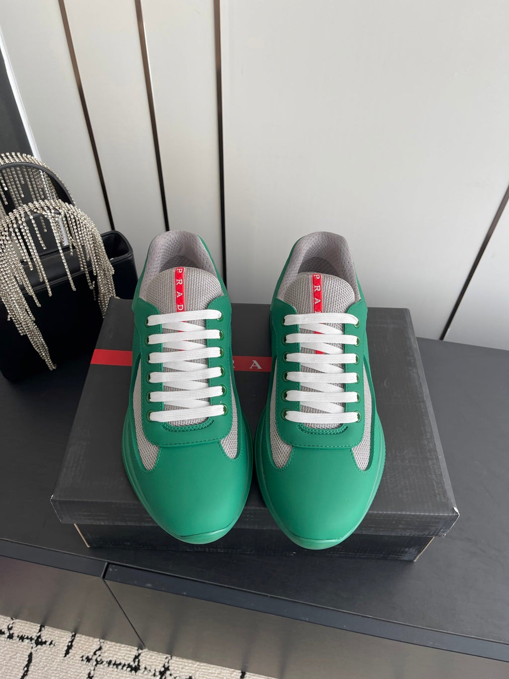 PRADA 26S AMERICA CUP SNEAKERS IN TEAL GREEN SOFT RUBBER AND BIKE FABRIC
