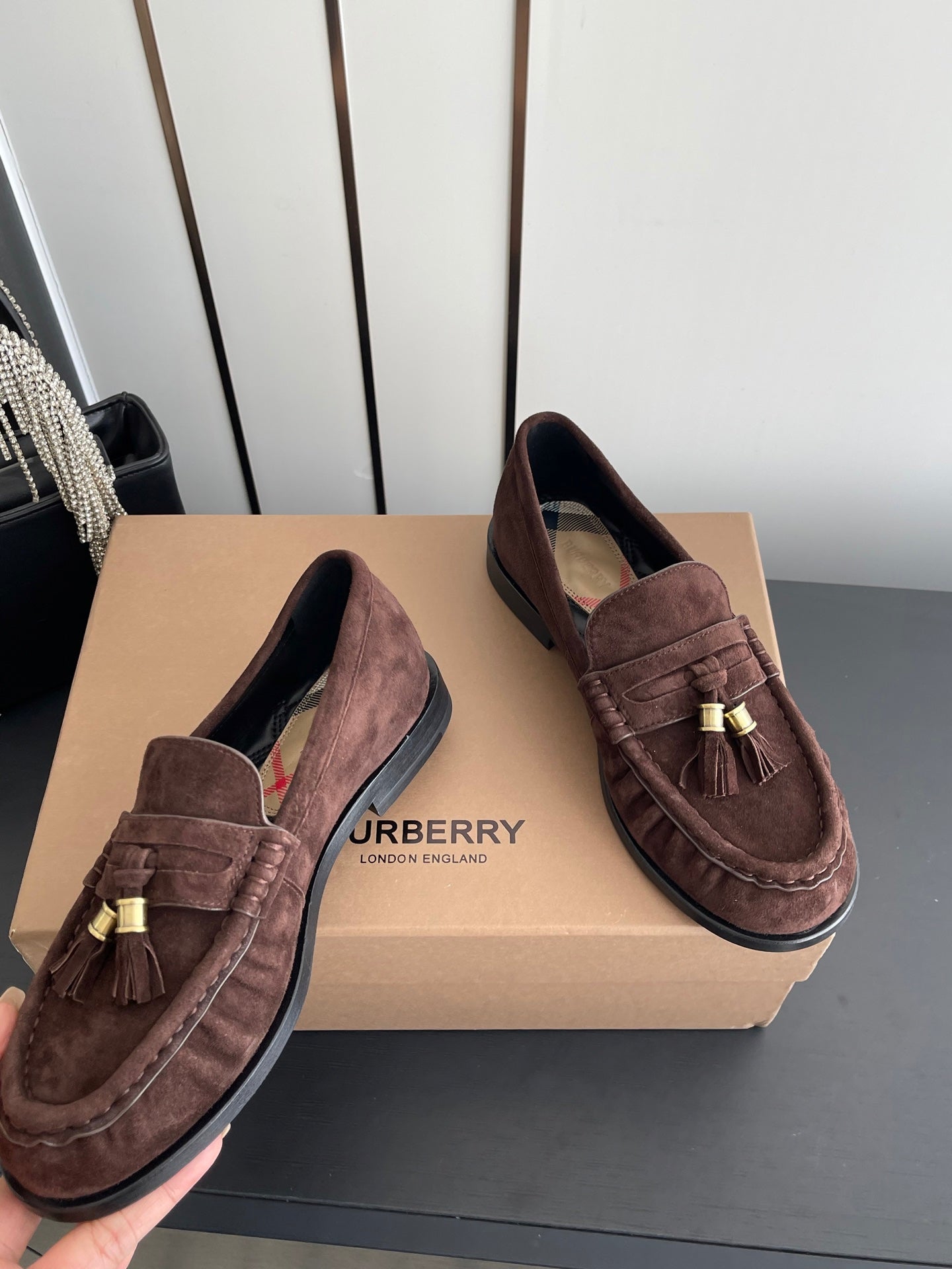 BURBERRY 26S LOAFERS IN DARK BROWN SUEDE