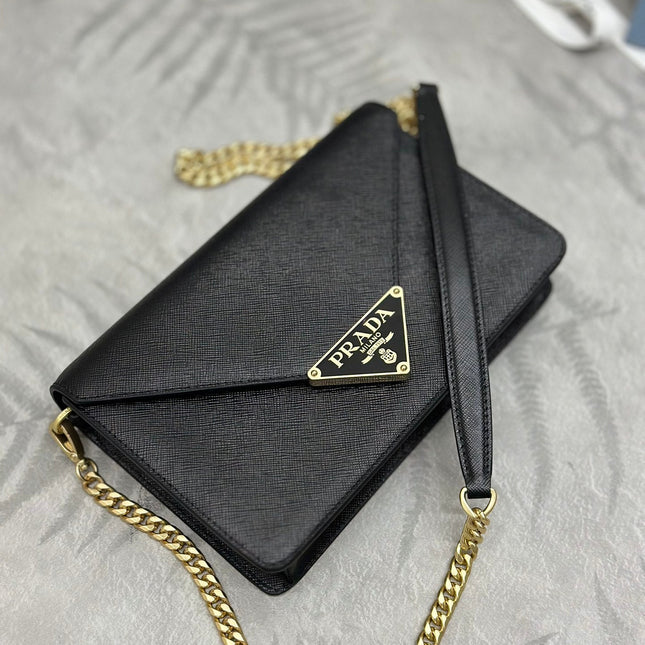 PRADA 25S SAFFIANO SHOULDER BAG 21 IN BLACK CALFSKIN GOLD HARDWARE