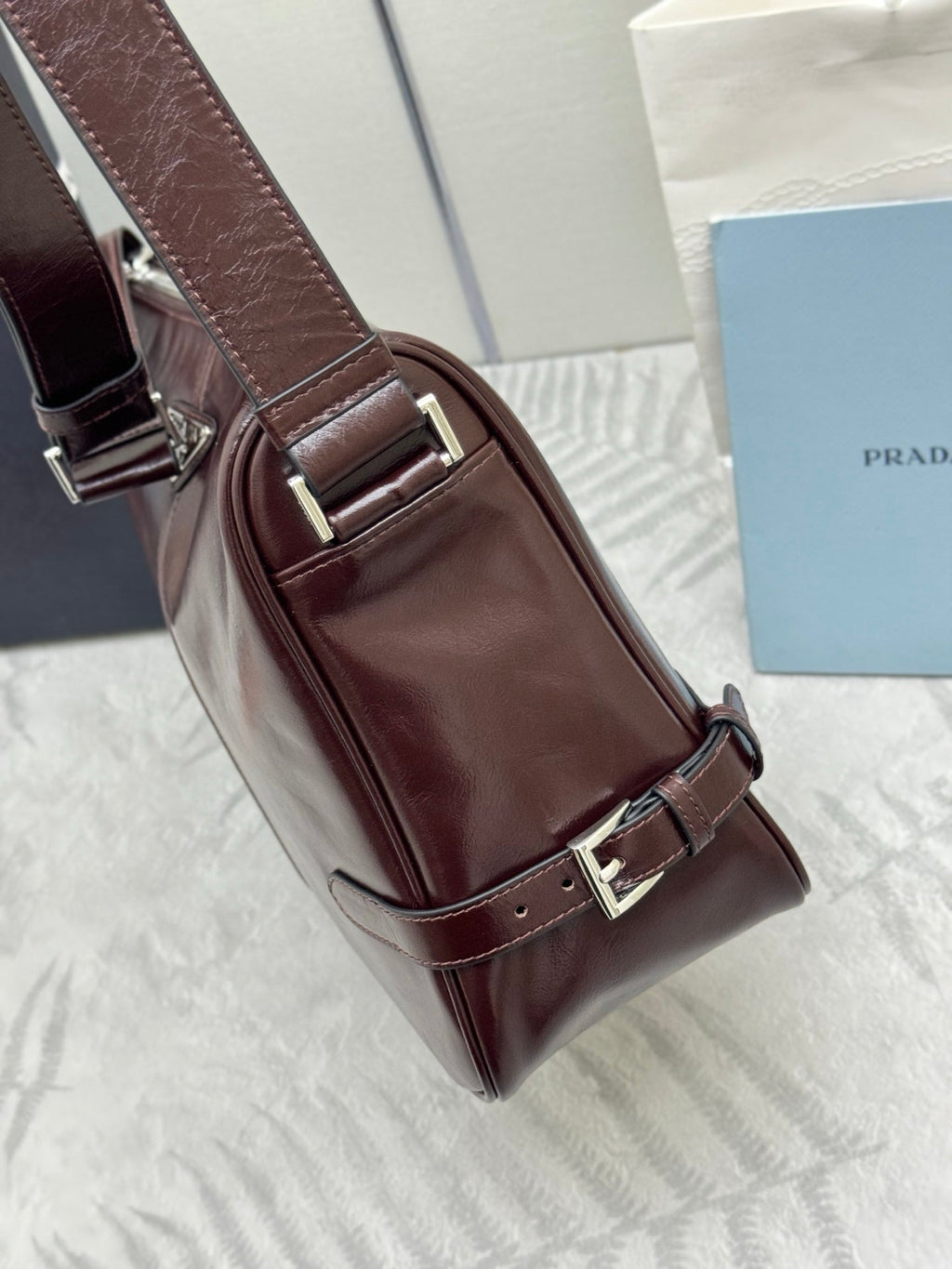 PRADA 25S SHOULDER BAG 35 IN DARK BROWN CALFSKIN SILVER HARDWARE