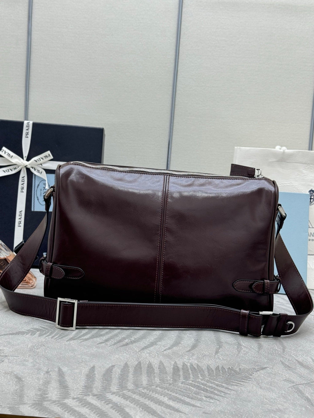 PRADA 25S SHOULDER BAG 35 IN DARK BROWN CALFSKIN SILVER HARDWARE