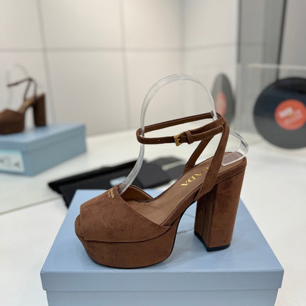 PRADA 26S HEELED SANDALS 115MM IN DARK BROWN SUEDE