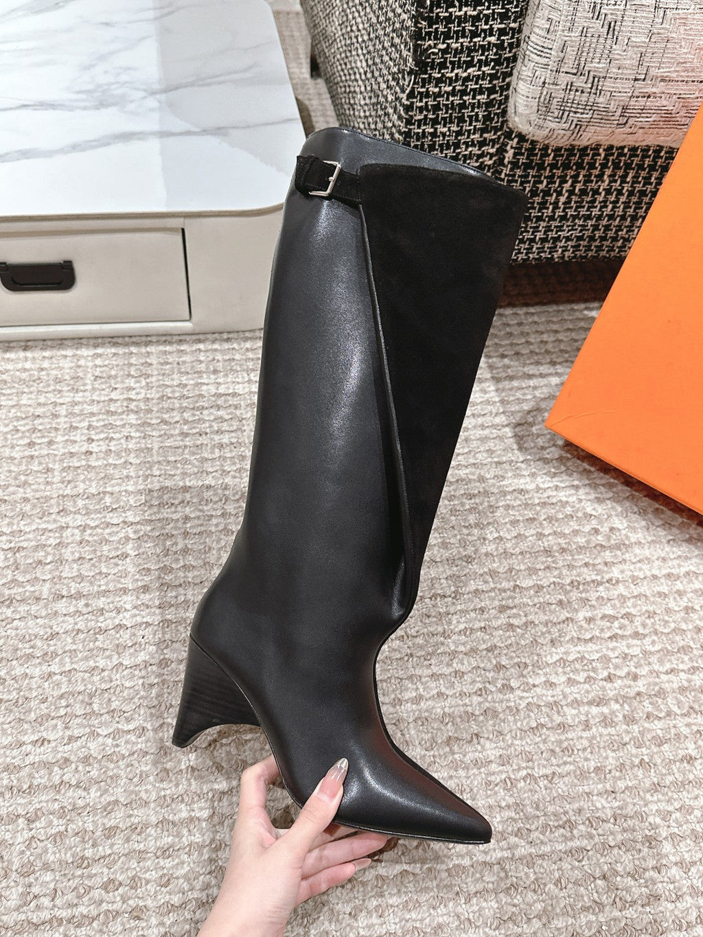 HILONA 6 CM BOOTS IN BLACK CALFSKIN AND SUEDE