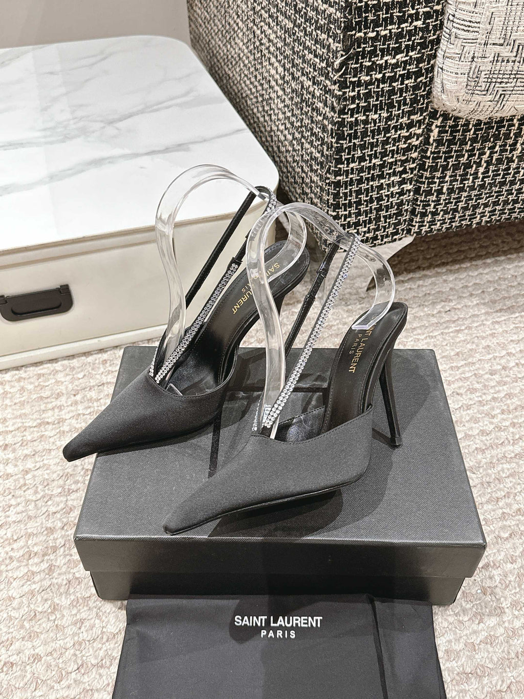 BARBARA 90 EMBELLISHED  BLACK SATIN MULES WITH RHINSTONES