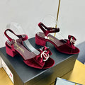 BOWKNOT RHINESTONES MID HEEL SANDAL IN GARNET RED VELVET