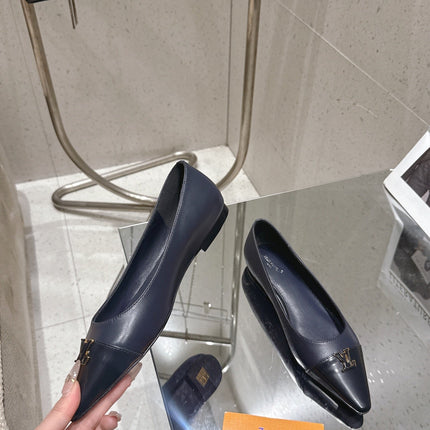 LV 26S POINTED TOE BALLET FLATS IN NAVY BLUE CALFSKIN