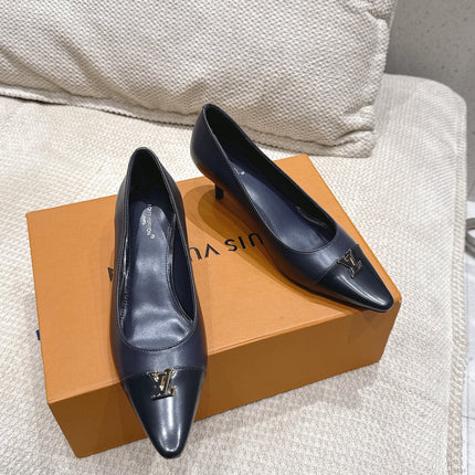 LV 26S POINTED TOE HIGH HEELS 55 MM IN BLACK BLUE CALFSKIN