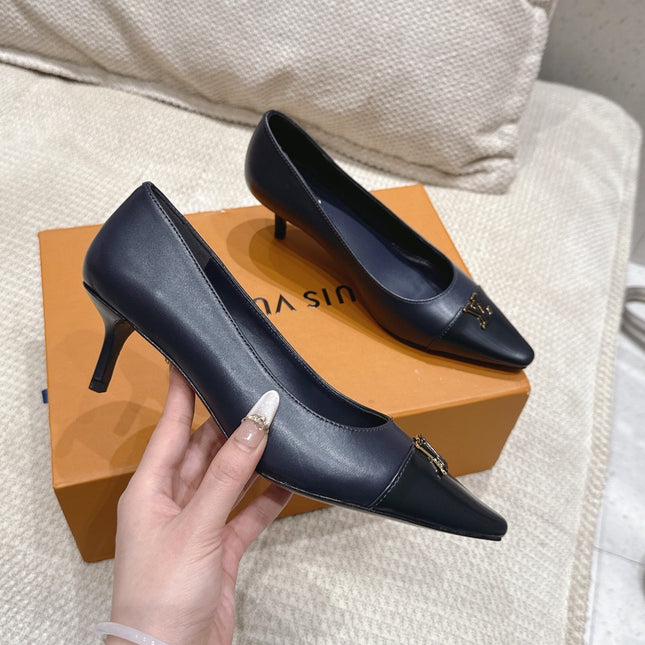 LV 26S POINTED TOE HIGH HEELS 55 MM IN BLACK BLUE CALFSKIN
