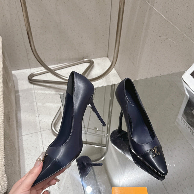 LV 26S POINTED TOE HIGH HEELS 95 MM IN BLACK BLUE CALFSKIN