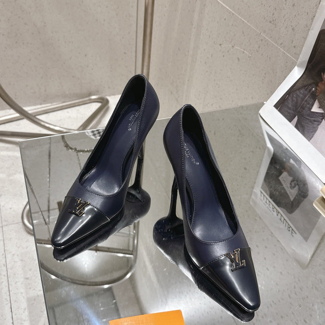 LV 26S POINTED TOE HIGH HEELS 95 MM IN BLACK BLUE CALFSKIN