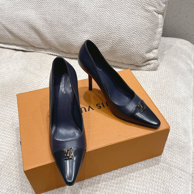 LV 26S POINTED TOE HIGH HEELS 95 MM IN BLACK BLUE CALFSKIN