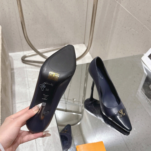LV 26S POINTED TOE HIGH HEELS 95 MM IN BLACK BLUE CALFSKIN
