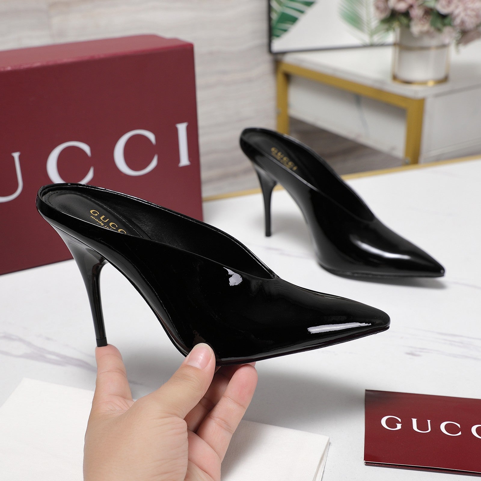 GG HEELED MULES 105 IN BLACK CALFSKIN
