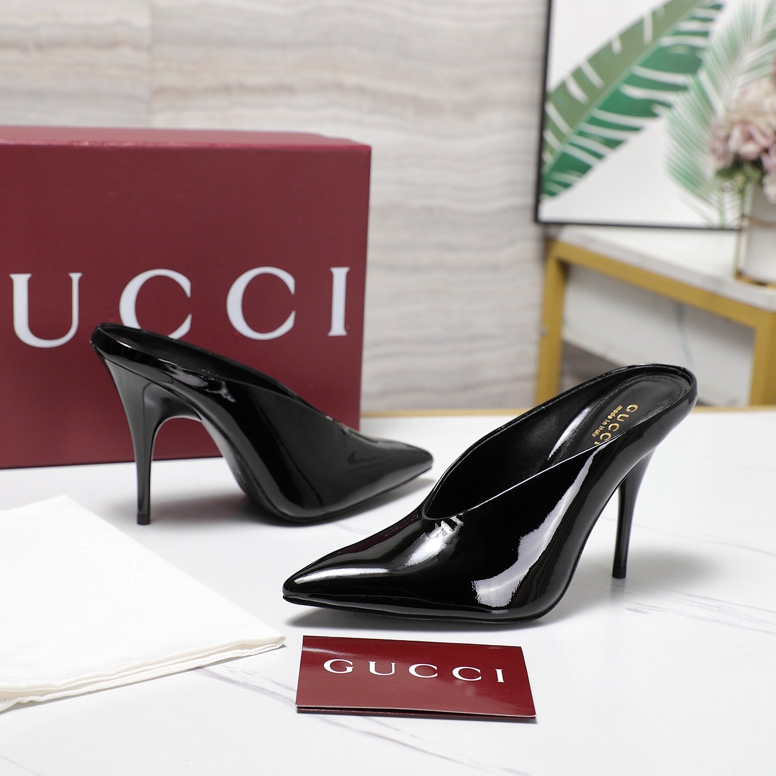 GG HEELED MULES 105 IN BLACK CALFSKIN