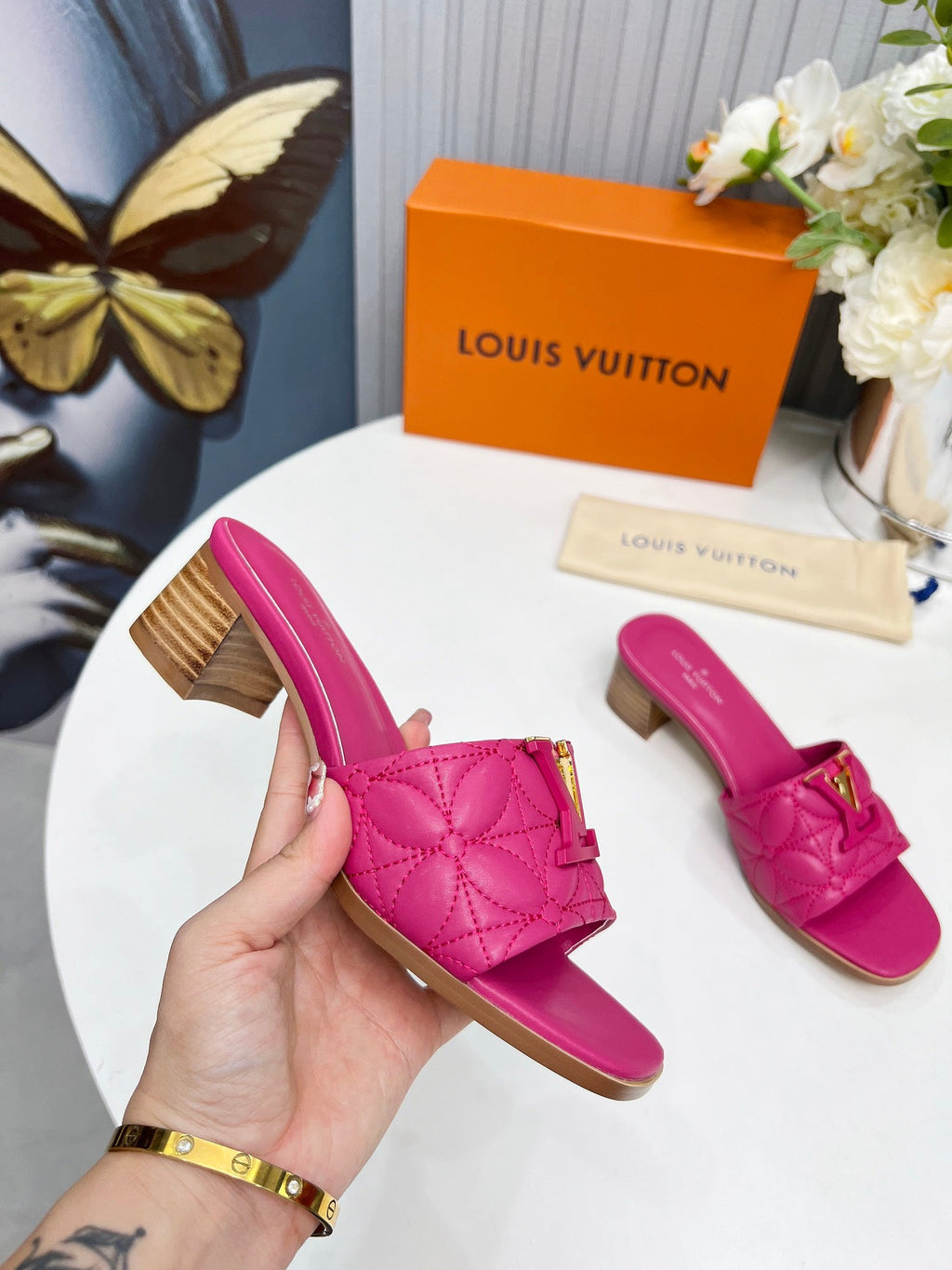LV 26S MARE HIGH-HEELED MULE SANDALS IN PINK CALFSKIN