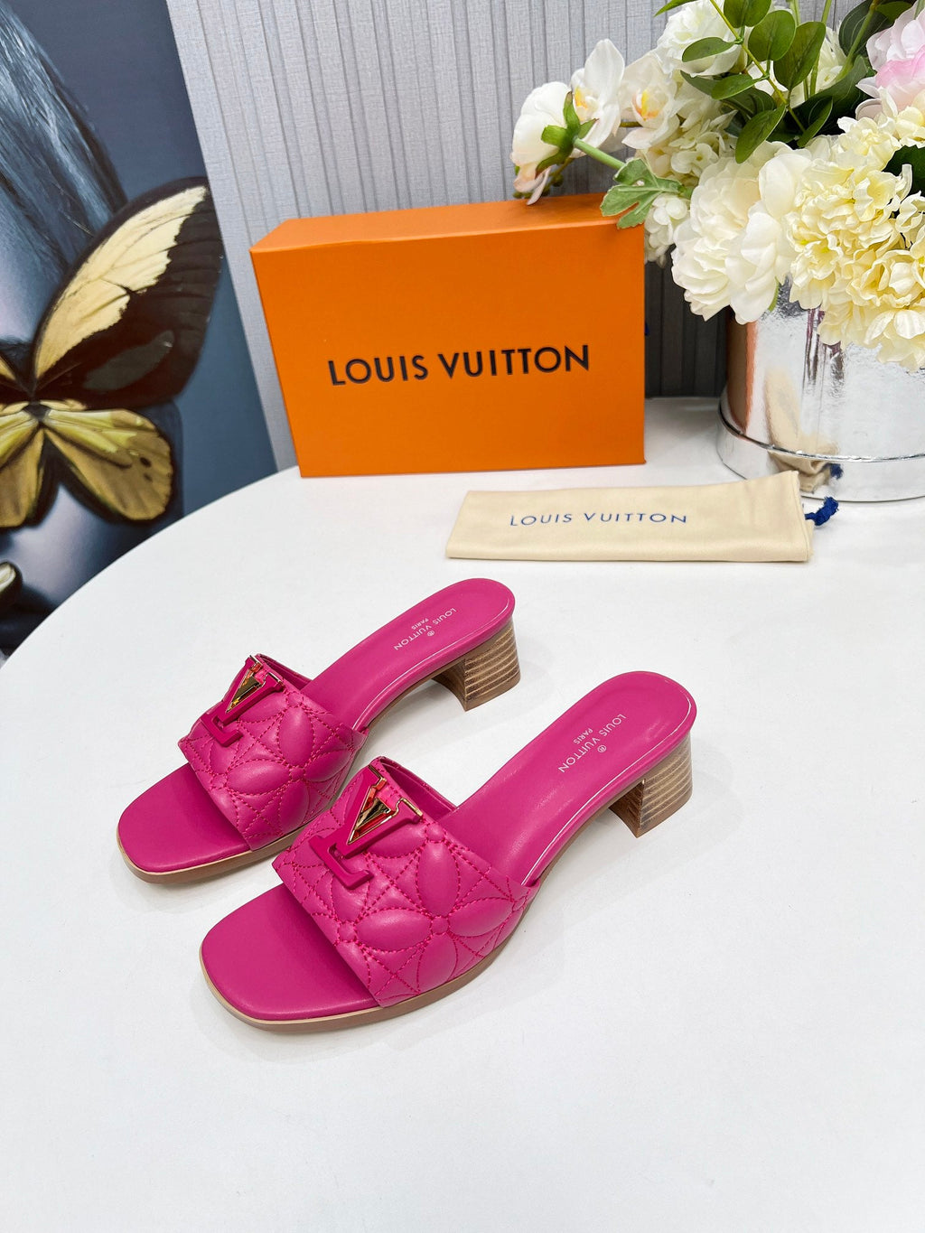LV 26S MARE HIGH-HEELED MULE SANDALS IN PINK CALFSKIN