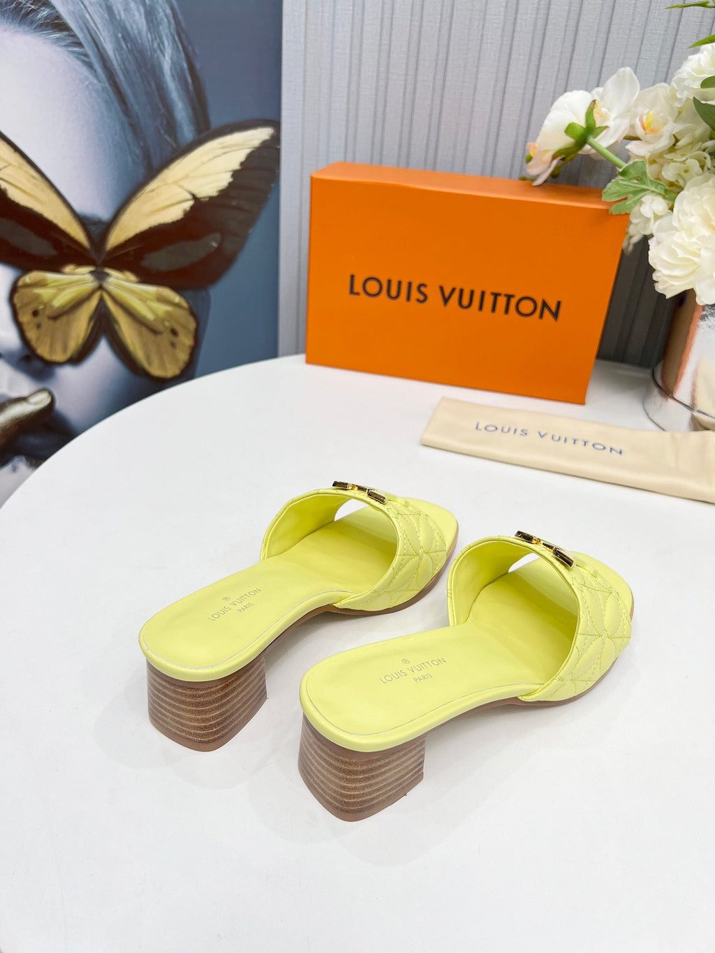 LV 26S MARE HIGH-HEELED MULE SANDALS IN LIGHT YELLOW CALFSKIN