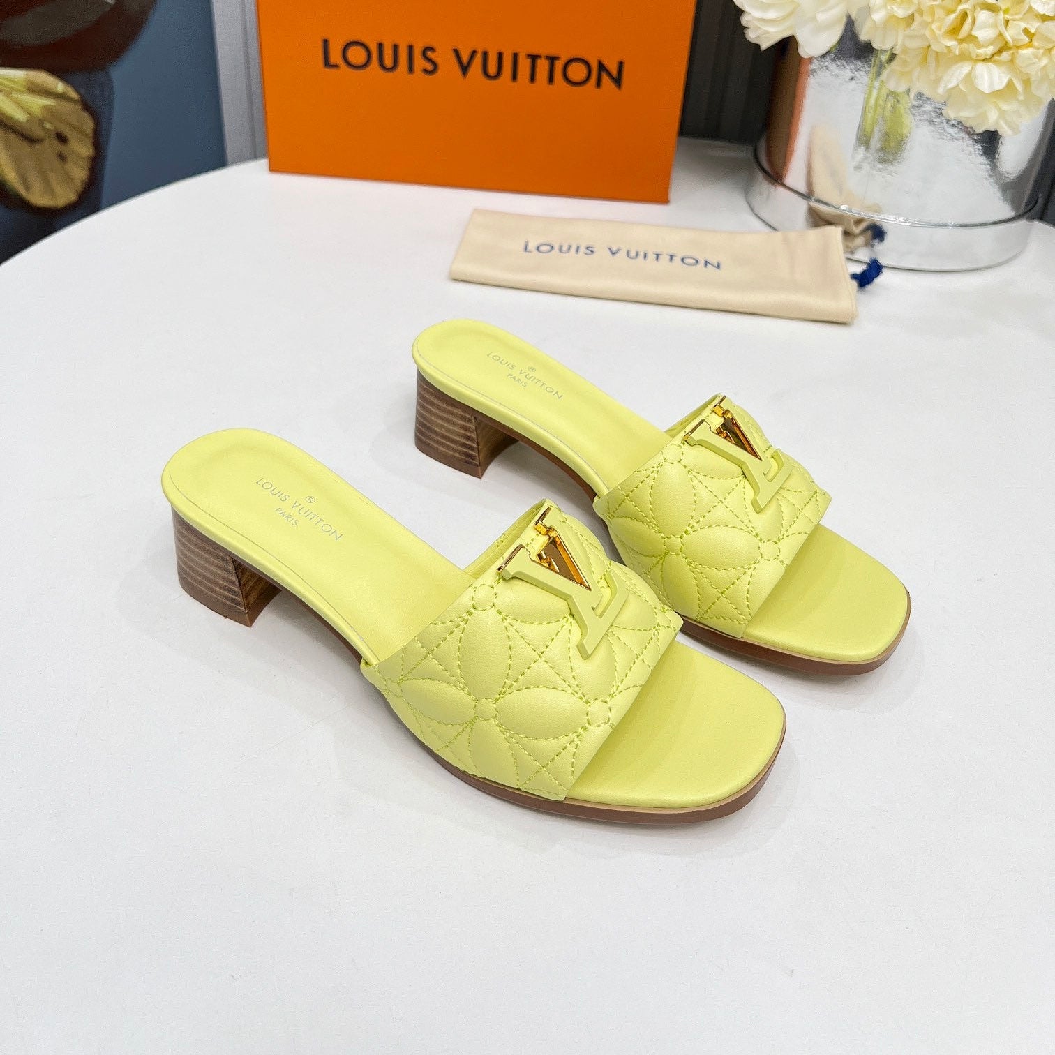 LV 26S MARE HIGH-HEELED MULE SANDALS IN LIGHT YELLOW CALFSKIN