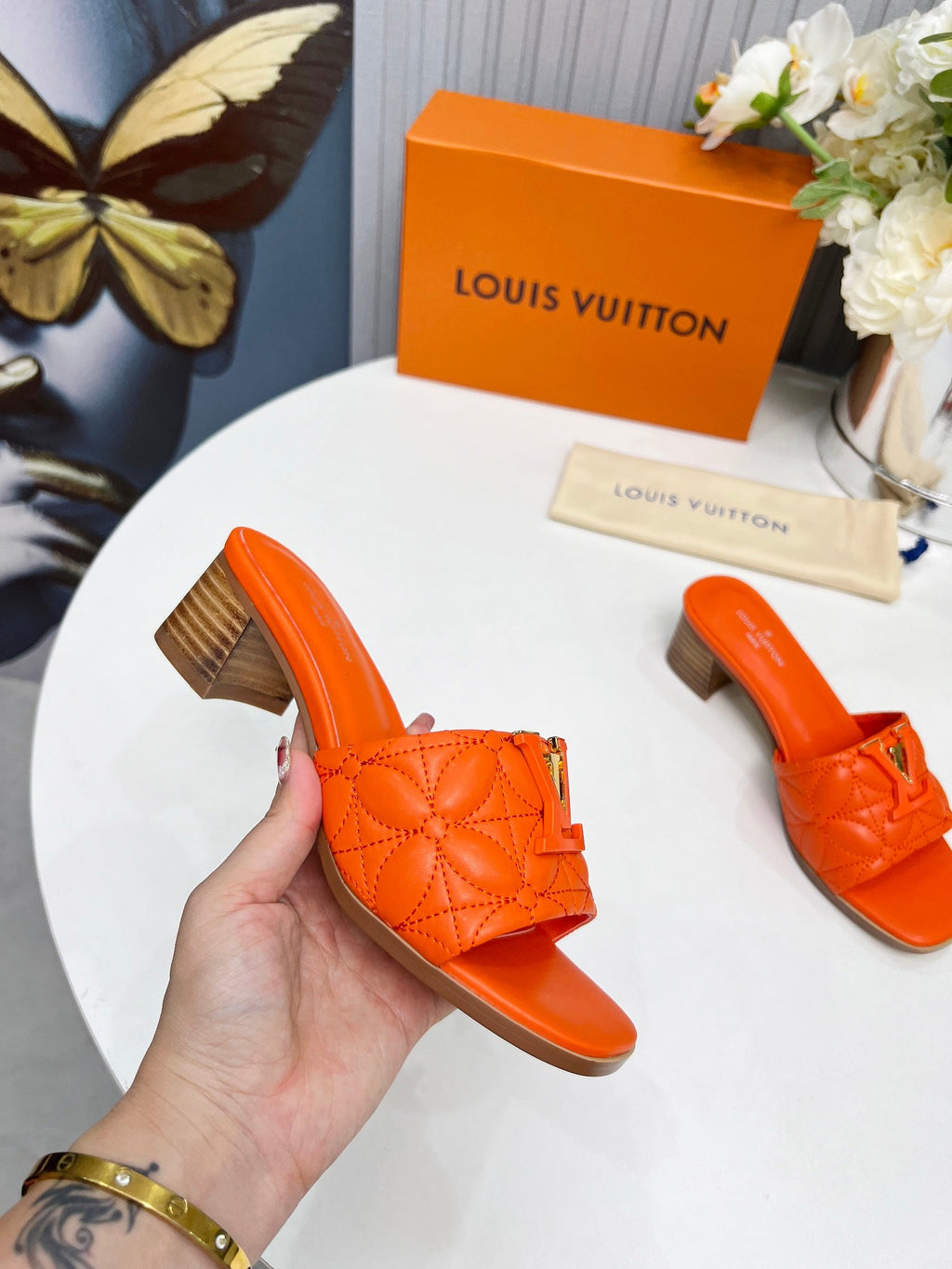 LV 26S MARE HIGH-HEELED MULE SANDALS IN ORANGE CALFSKIN