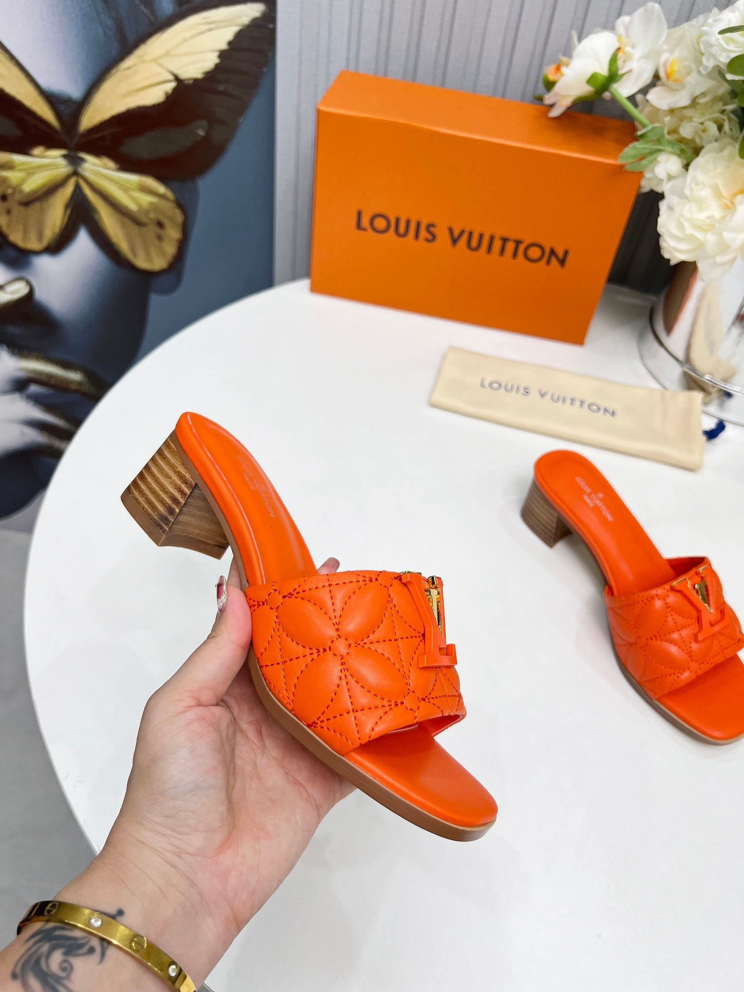 LV 26S MARE HIGH-HEELED MULE SANDALS IN ORANGE CALFSKIN