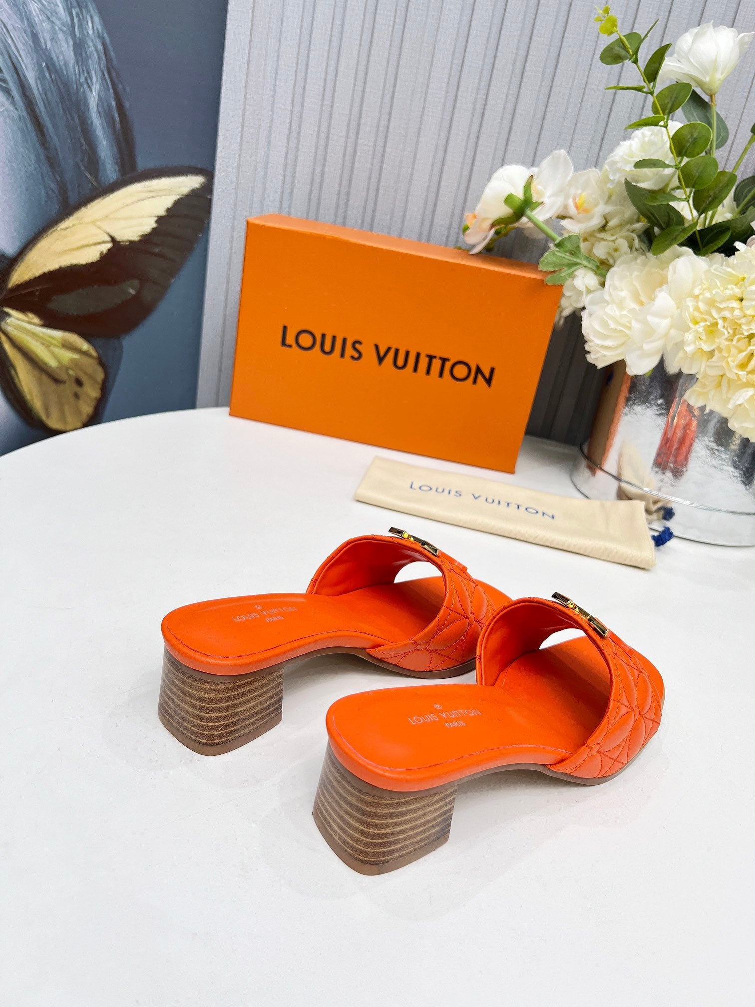 LV 26S MARE HIGH-HEELED MULE SANDALS IN ORANGE CALFSKIN