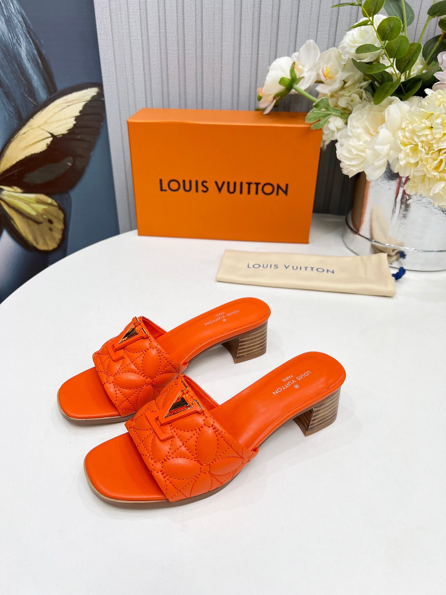LV 26S MARE HIGH-HEELED MULE SANDALS IN ORANGE CALFSKIN