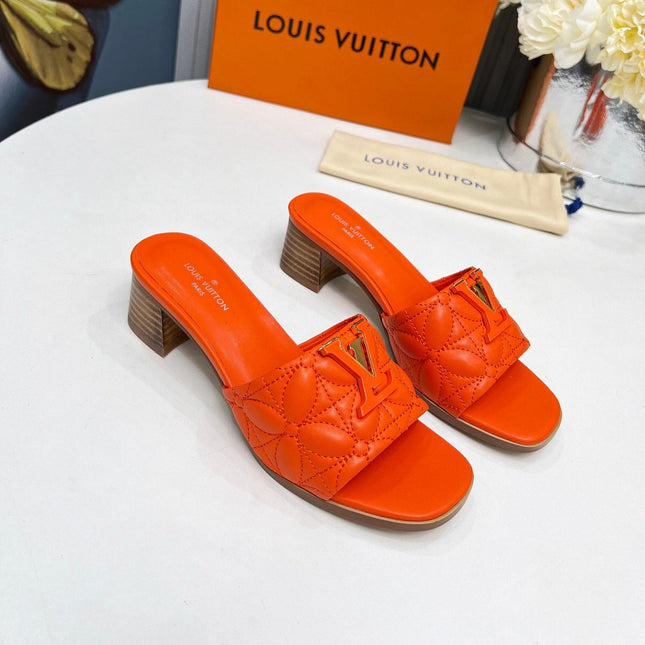 LV 26S MARE HIGH-HEELED MULE SANDALS IN ORANGE CALFSKIN