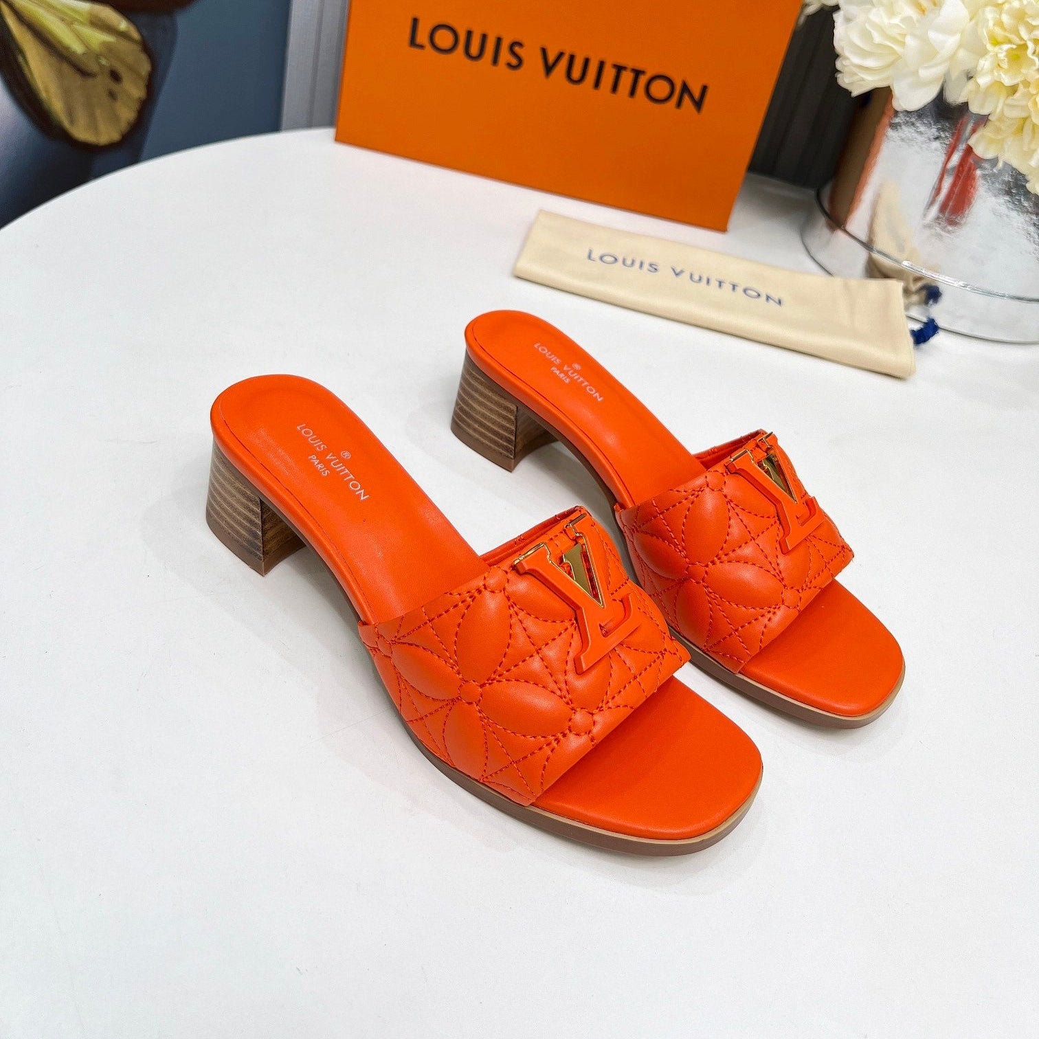 LV 26S MARE HIGH-HEELED MULE SANDALS IN ORANGE CALFSKIN
