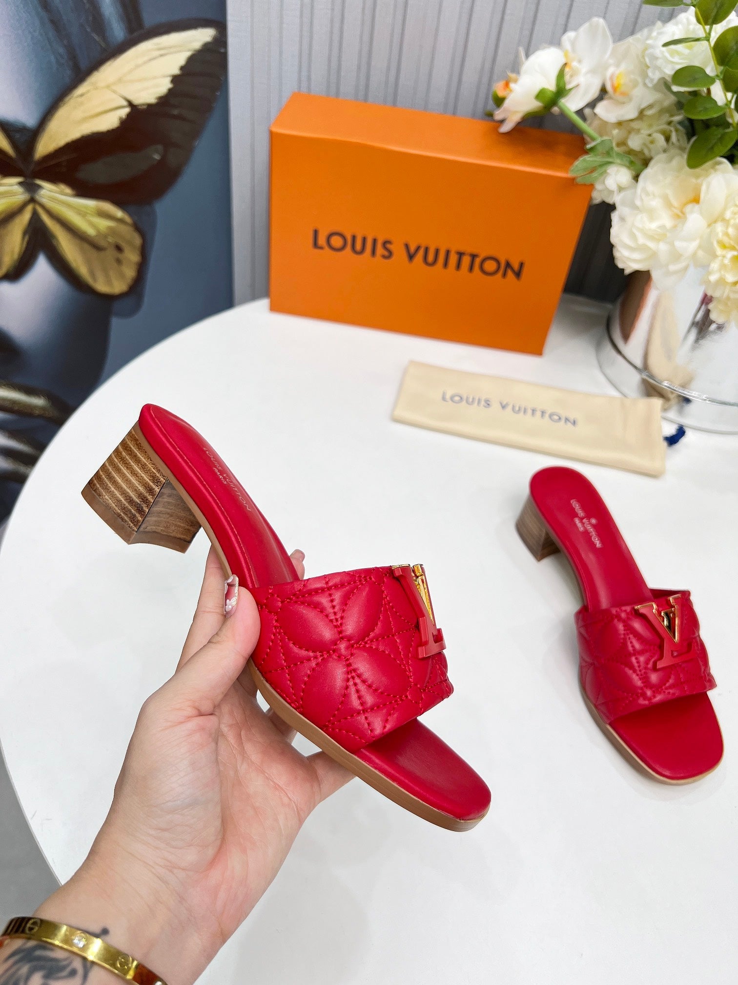 LV 26S MARE HIGH-HEELED MULE SANDALS IN RED CALFSKIN
