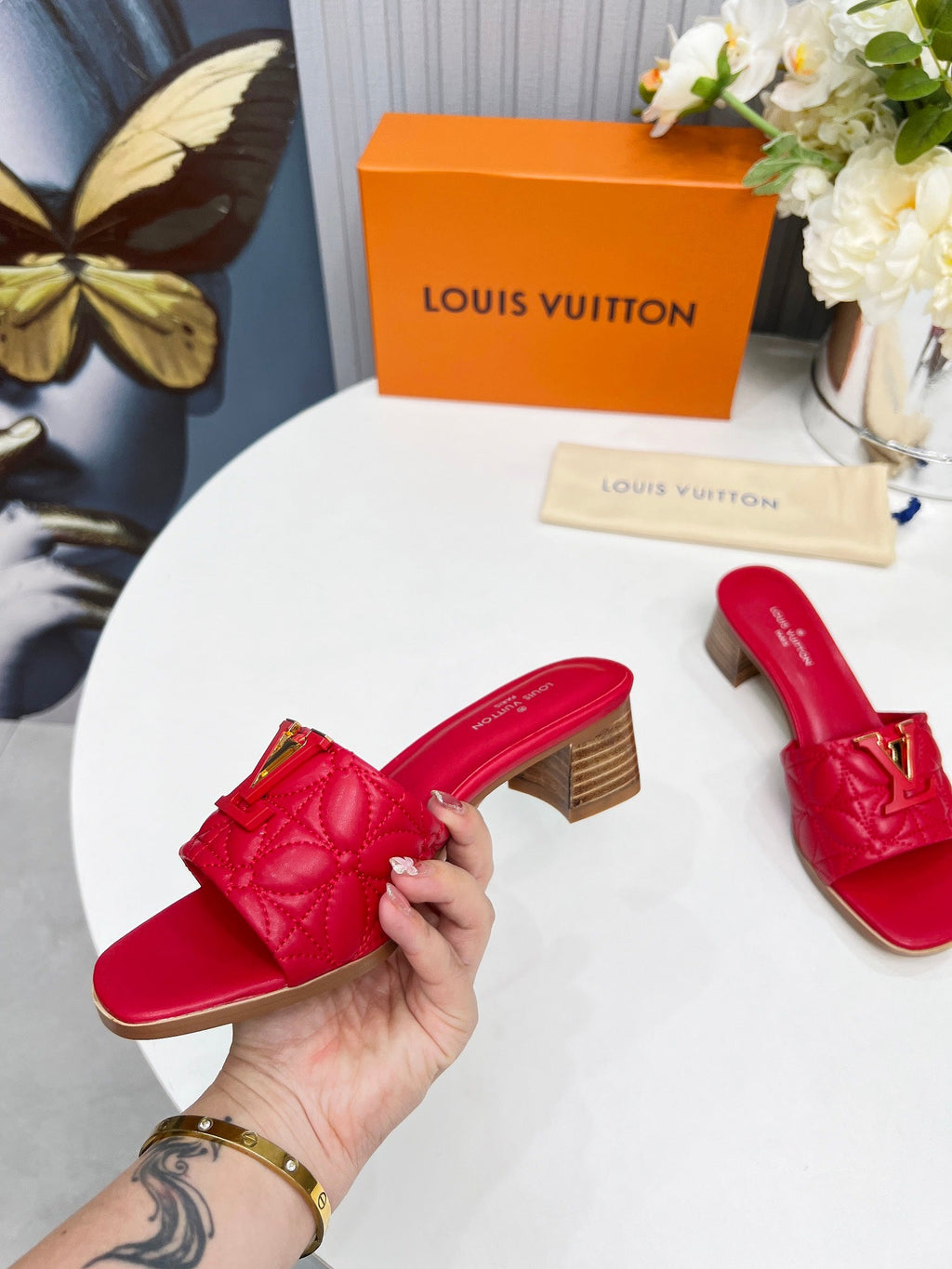 LV 26S MARE HIGH-HEELED MULE SANDALS IN RED CALFSKIN