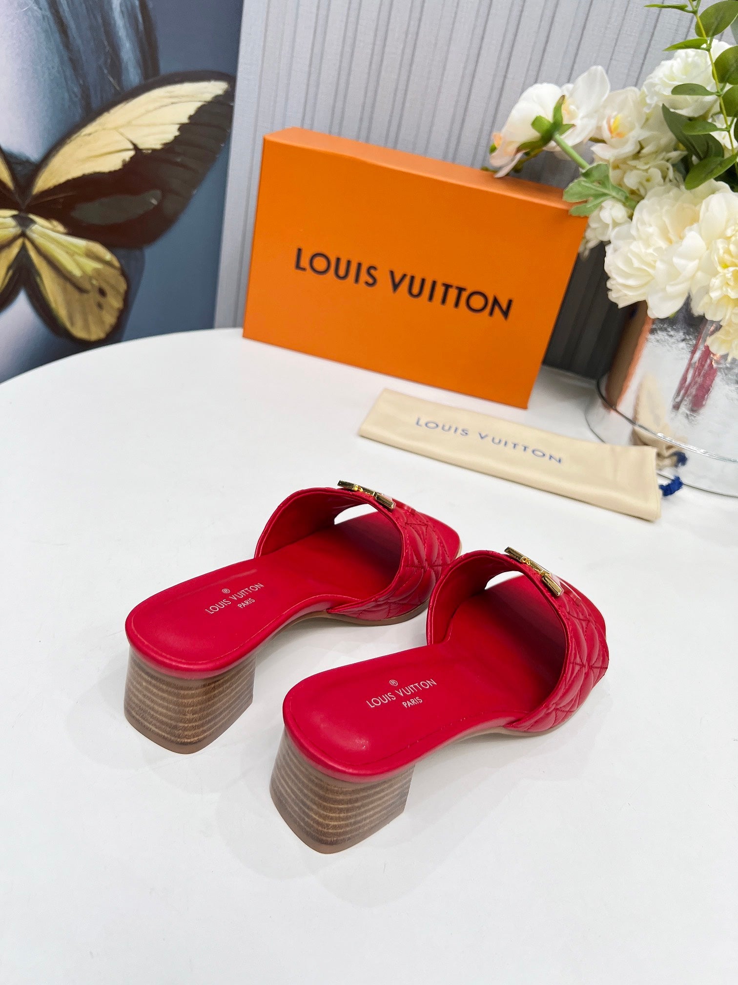 LV 26S MARE HIGH-HEELED MULE SANDALS IN RED CALFSKIN