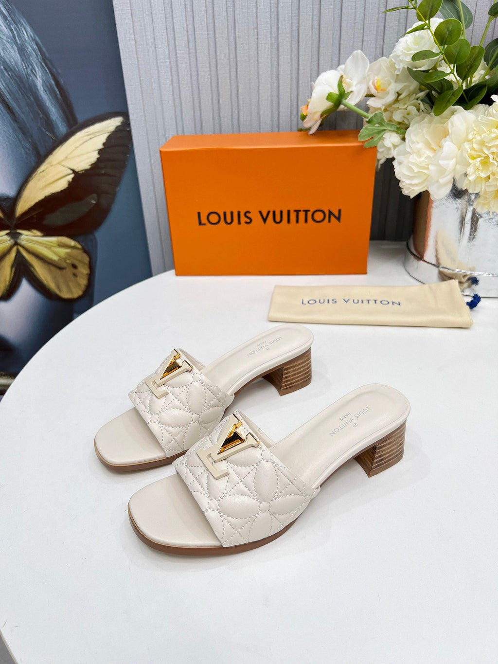 LV 26S MARE HIGH-HEELED MULE SANDALS IN IVORY BEIGE CALFSKIN