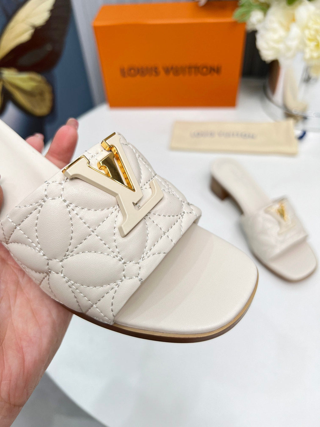 LV 26S MARE HIGH-HEELED MULE SANDALS IN IVORY BEIGE CALFSKIN